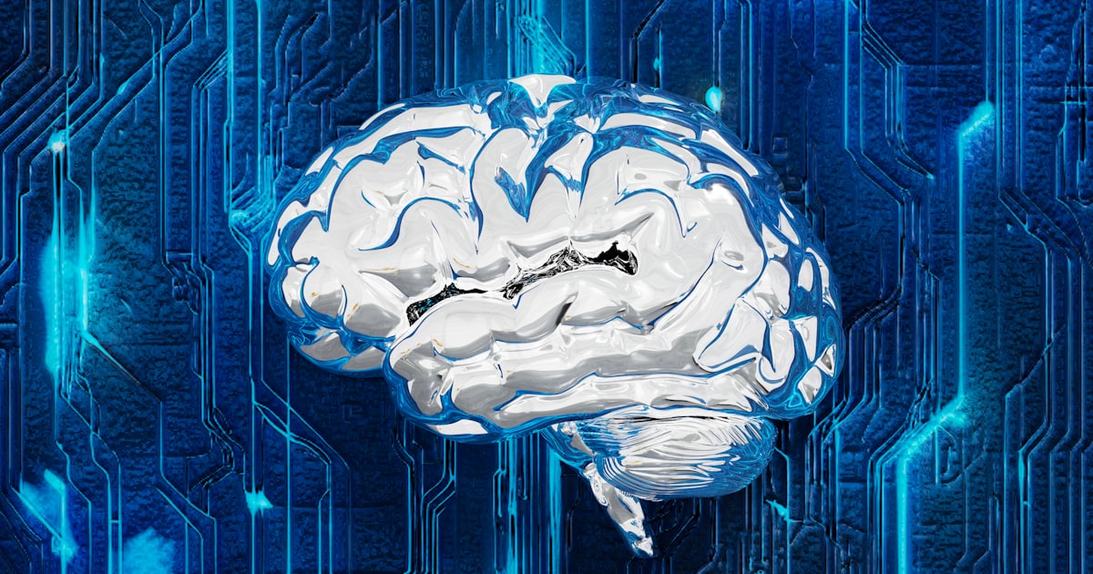 A computer circuit board with a brain on it