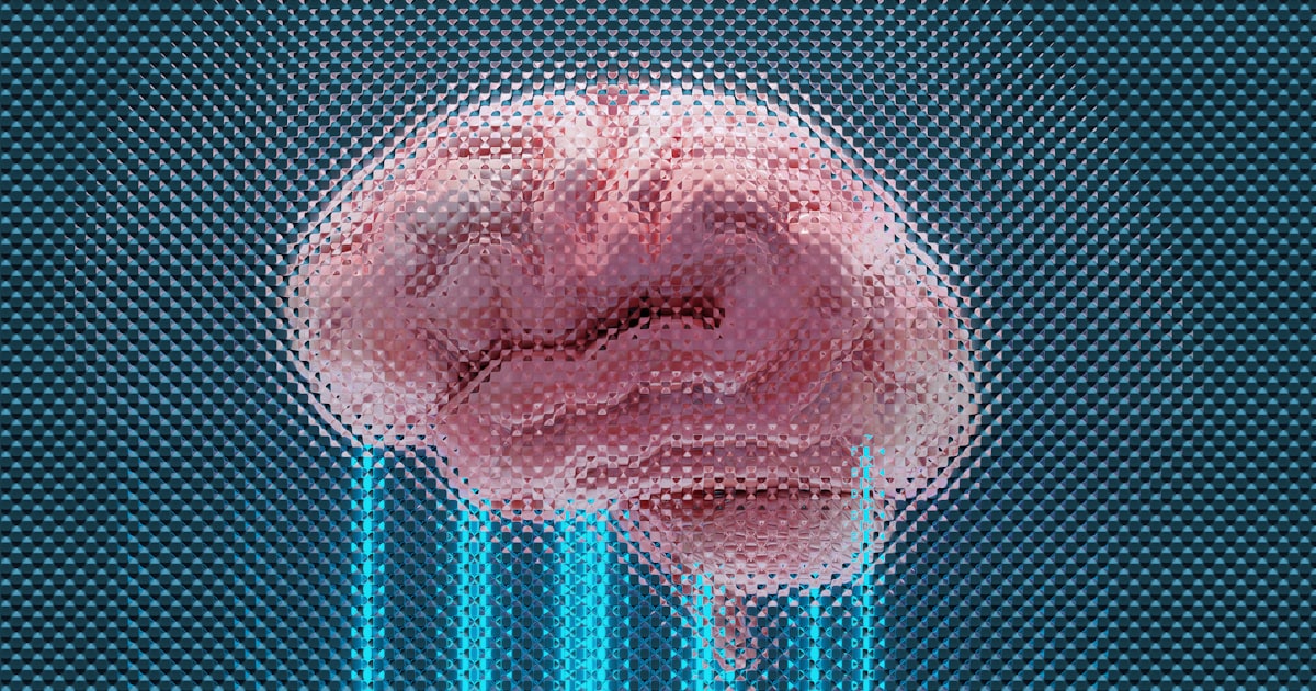 A brain displayed with glowing blue lines.