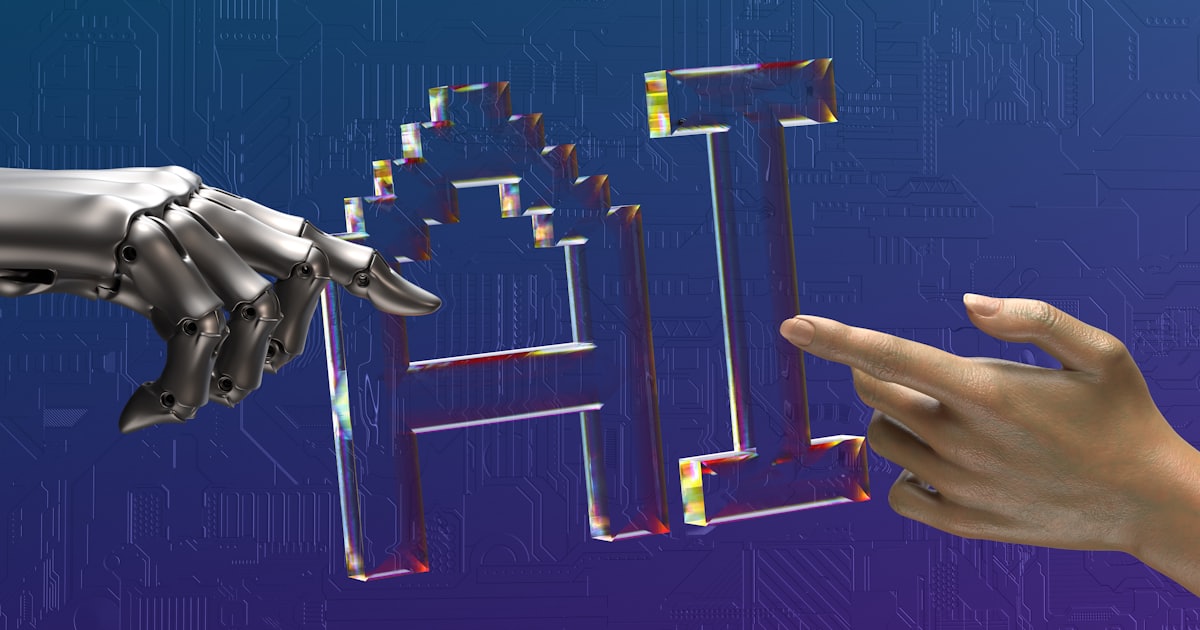 robot and human hands reaching toward ai text